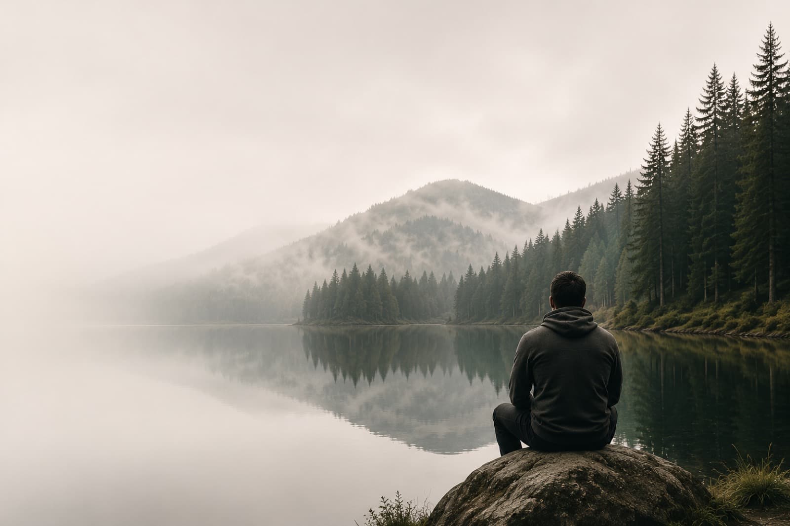 A person walking beside a quiet forest lake